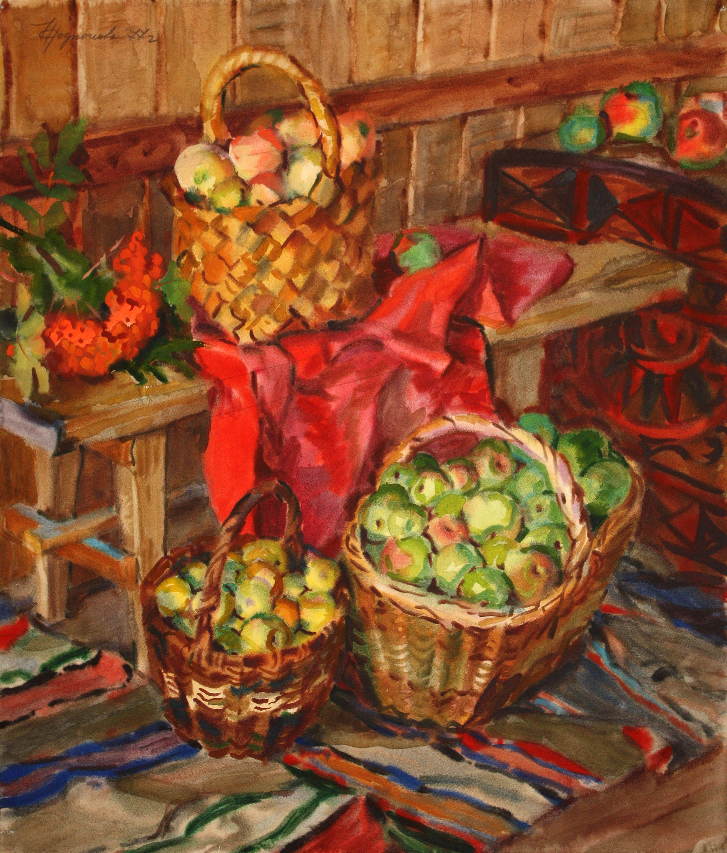 Корзины с яблоками.